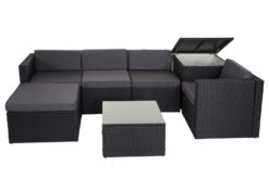 Poly-Rattan-Garnitur MCW-D21, Balkon-/Garten-/Lounge-Set Sofa Sitzgruppe, Box Staufach ~ Anthrazit, Kissen Dunkelgrau -Entspannender Garten 2061649003 prod 006