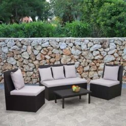 Poly-Rattan Garnitur MCW-G16, Garten-/Lounge-Set, Gastronomie 2er Sofa 2xSessel Couchtisch ~ Schwarz, Kissen Hellgrau