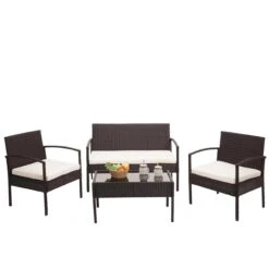 Poly-Rattan Garnitur MCW-F56, Balkon-/Garten-/Lounge-Set Sitzgruppe ~ Braun, Kissen Creme