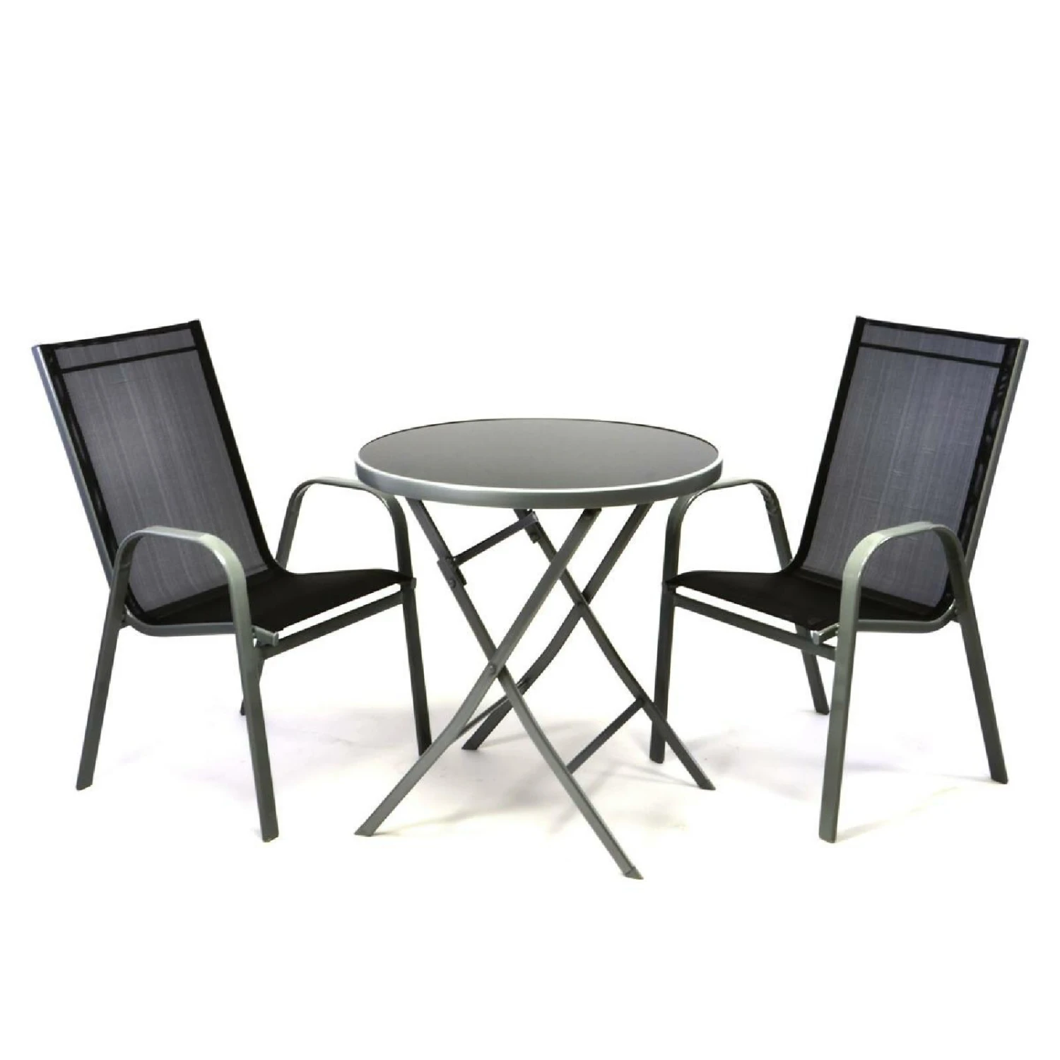 VCM 3er Set Garnitur 2 Stapelstühle + 1 Klapptisch Sitzgruppe Glastisch Schwarz