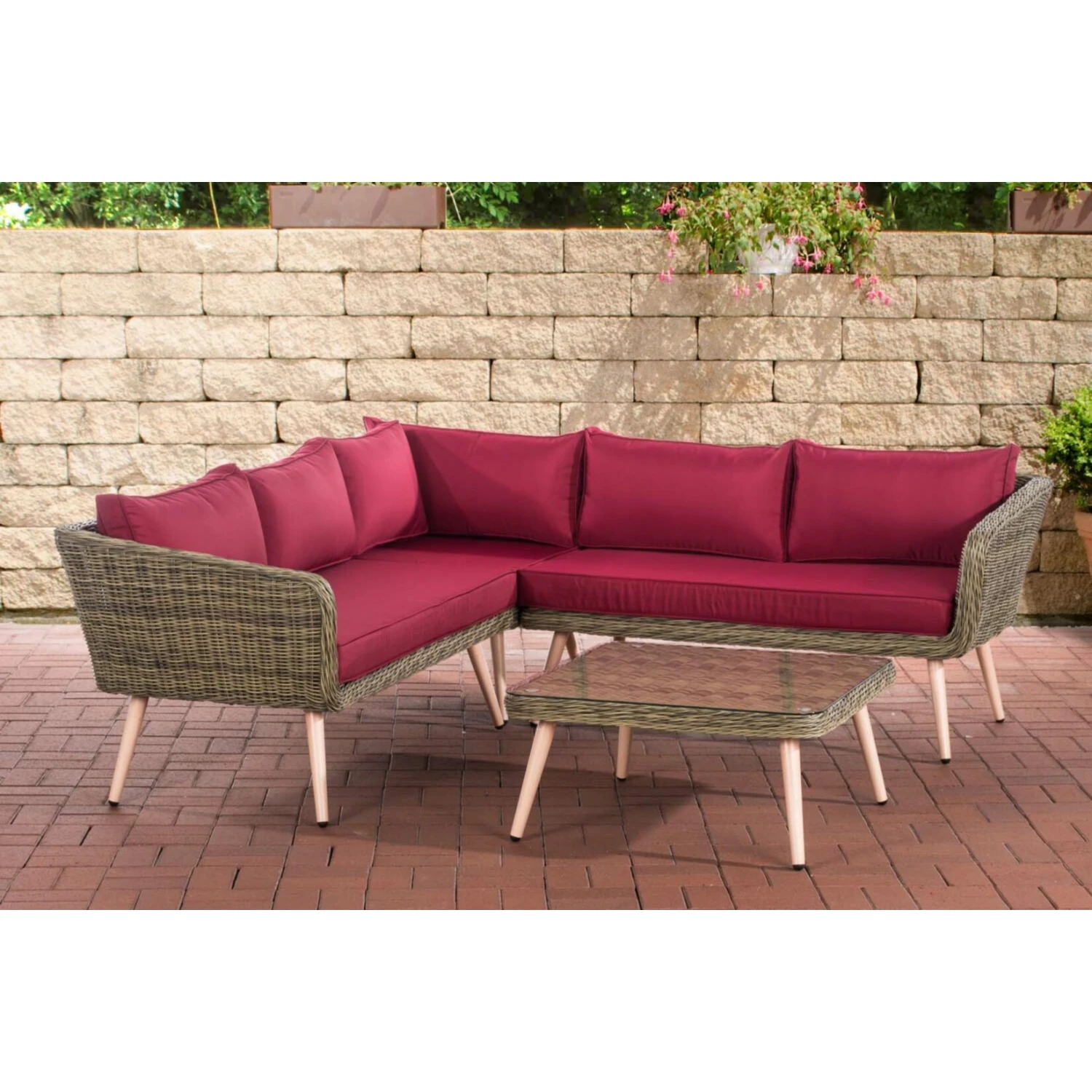 CLP Polyrattan Eck-Loungeset SKARA I Natura I Gartenlounge Rundrattan I Eckgarnitur & Glastisch I 5mm Rattandicke I 5 Sitzplätze 1 CLP Polyrattan Eck-Loungeset SKARA I Natura I Gartenlounge Rundrattan I Eckgarnitur & Glastisch I 5mm Rattandicke I 5 Sitzplätze