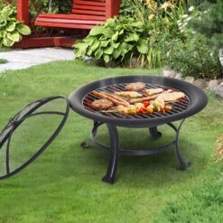 Outsunny Feuerkorb Mit Funkenschutz Schwarz 74 X 48 Cm (ØxH) | Feuerschale Grillrost Feuerstelle Holzkohlegrill -Entspannender Garten 8600336600 842 093 prod 006