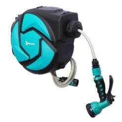 DURHAND Schlauchtrommel Mit Multibrause Grün, Schwarz 29,5 X 16,5 X 33 Cm (LxBxH) | Schlauchaufroller Wasserschlauchtrommel Aufroller