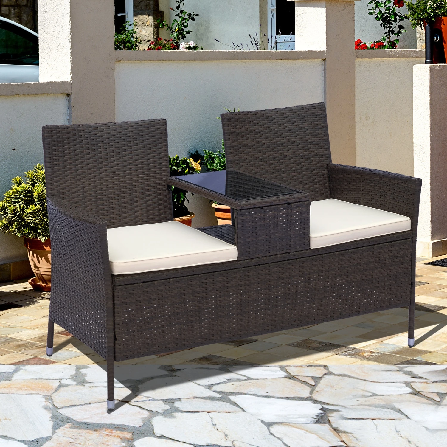 Outsunny Polyrattan Gartenbank 133 X 63 X 84 Cm (LxBxH) | Gartensofa Sitzbank Mit Tisch 2-Sitzer Rattanmöbel 3 Outsunny Polyrattan Gartenbank 133 X 63 X 84 Cm (LxBxH) | Gartensofa Sitzbank Mit Tisch 2-Sitzer Rattanmöbel – Bild 3