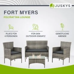 Juskys Polyrattan Gartenmöbel-Set Fort Myers Grau-meliert Mit Tisch, Sofa, 2 Stühle & Auflagen