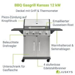 Juskys Gasgrill Kansas Mit 4 Brenner, Warmhaltrost, Thermometer & Seitenablagen – Grill Grillwagen 8 Juskys Gasgrill Kansas Mit 4 Brenner, Warmhaltrost, Thermometer & Seitenablagen – Grill Grillwagen -Entspannender Garten 8600348200 65292374 prod 003