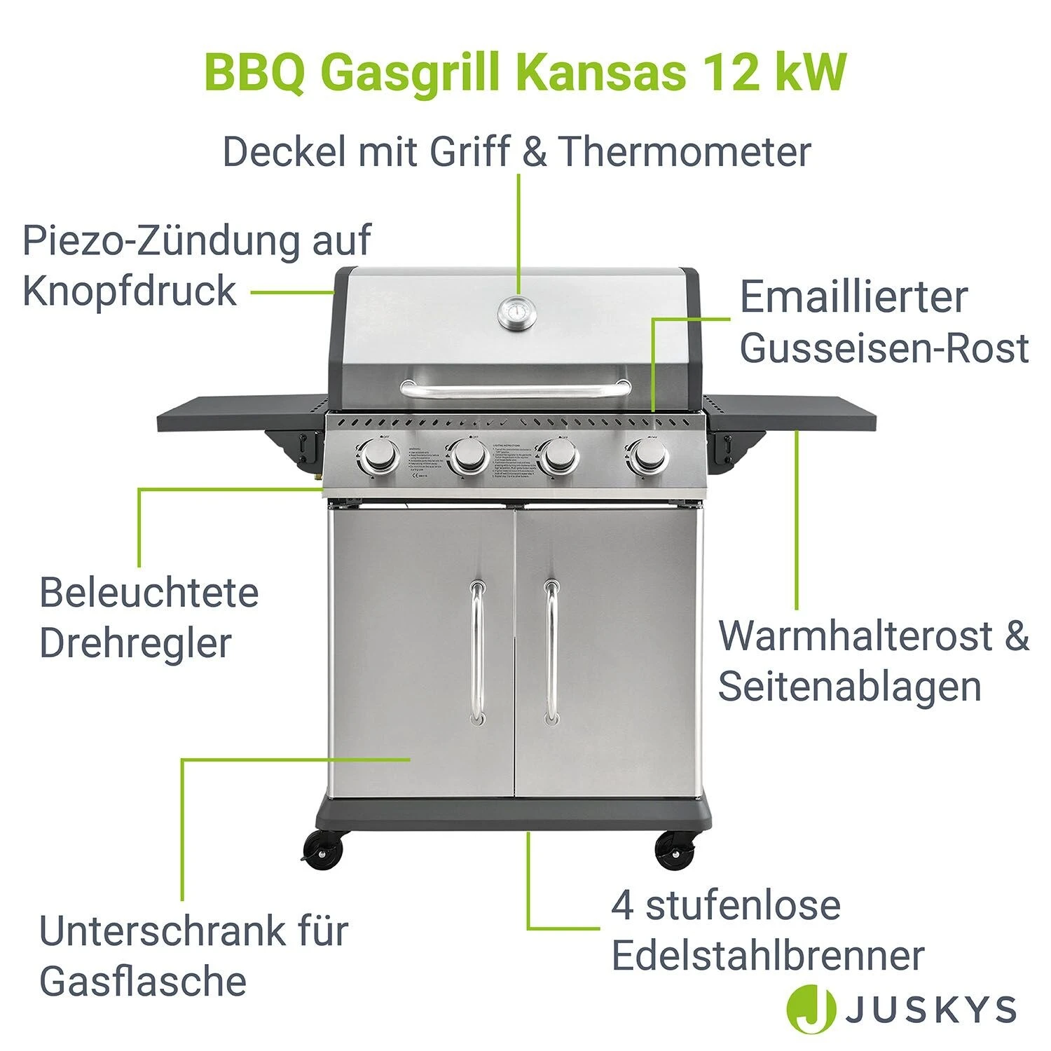 Juskys Gasgrill Kansas Mit 4 Brenner, Warmhaltrost, Thermometer & Seitenablagen – Grill Grillwagen 3 Juskys Gasgrill Kansas Mit 4 Brenner, Warmhaltrost, Thermometer & Seitenablagen – Grill Grillwagen – Bild 3
