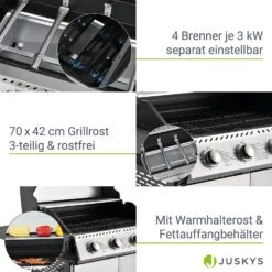 Juskys Gasgrill Kansas Mit 4 Brenner, Warmhaltrost, Thermometer & Seitenablagen – Grill Grillwagen 9 Juskys Gasgrill Kansas Mit 4 Brenner, Warmhaltrost, Thermometer & Seitenablagen – Grill Grillwagen -Entspannender Garten 8600348200 65292374 prod 004