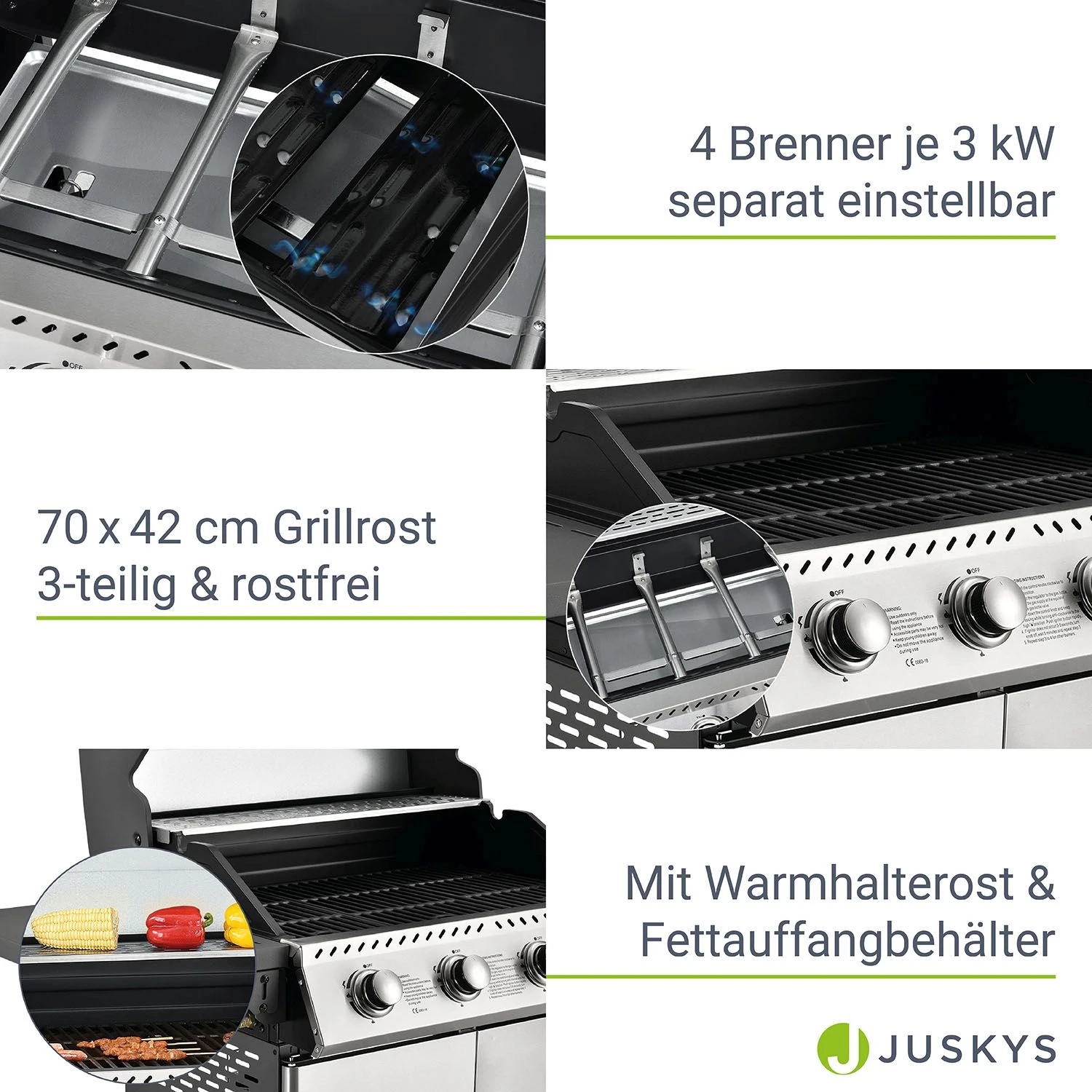Juskys Gasgrill Kansas Mit 4 Brenner, Warmhaltrost, Thermometer & Seitenablagen – Grill Grillwagen 4 Juskys Gasgrill Kansas Mit 4 Brenner, Warmhaltrost, Thermometer & Seitenablagen – Grill Grillwagen – Bild 4