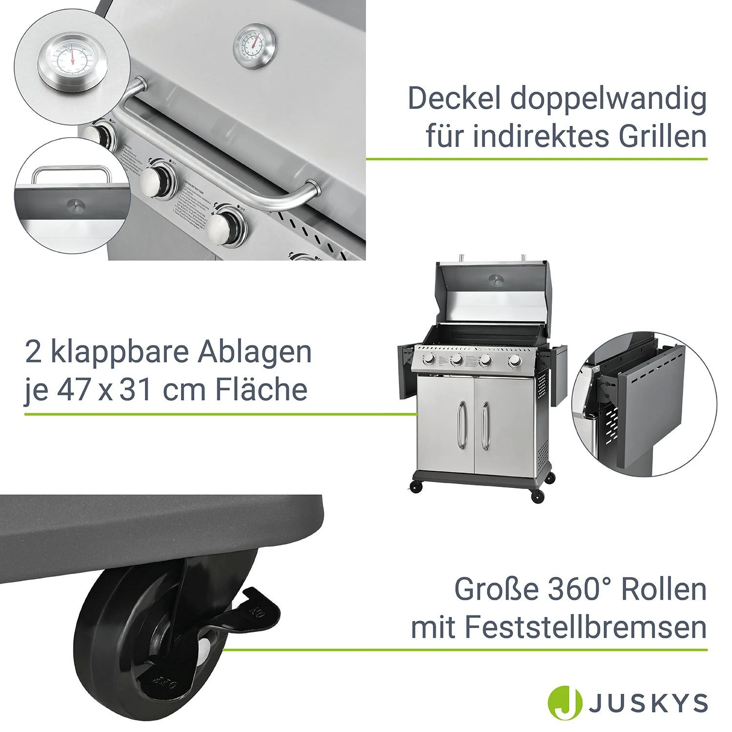 Juskys Gasgrill Kansas Mit 4 Brenner, Warmhaltrost, Thermometer & Seitenablagen – Grill Grillwagen 5 Juskys Gasgrill Kansas Mit 4 Brenner, Warmhaltrost, Thermometer & Seitenablagen – Grill Grillwagen – Bild 5