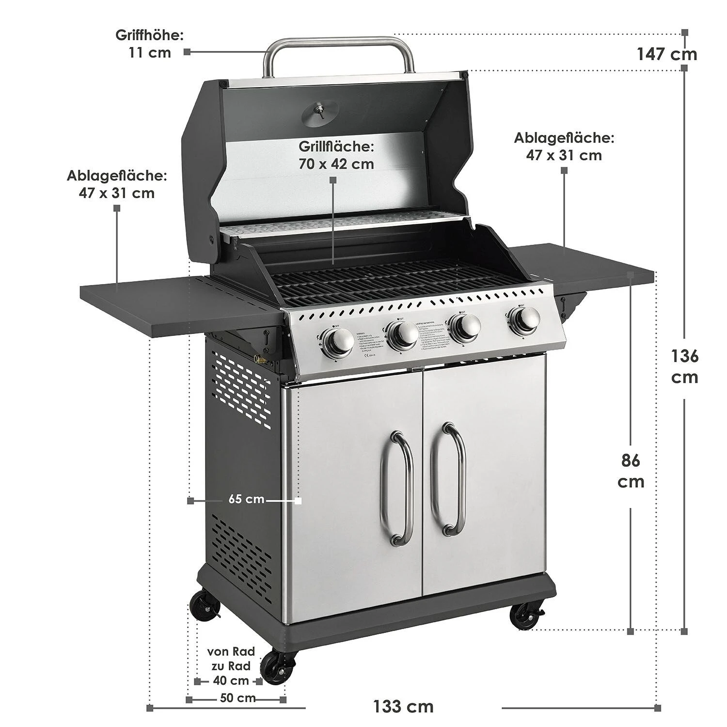 Juskys Gasgrill Kansas Mit 4 Brenner, Warmhaltrost, Thermometer & Seitenablagen – Grill Grillwagen 6 Juskys Gasgrill Kansas Mit 4 Brenner, Warmhaltrost, Thermometer & Seitenablagen – Grill Grillwagen – Bild 6
