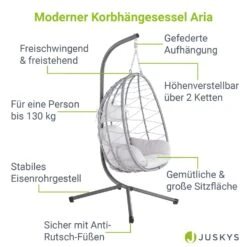 Juskys Korb-Hängesessel Aria Faltbar & Höhenverstellbar Mit Eisengestell Bis 130 Kg Silber -Entspannender Garten 8600348200 78183182 prod 003
