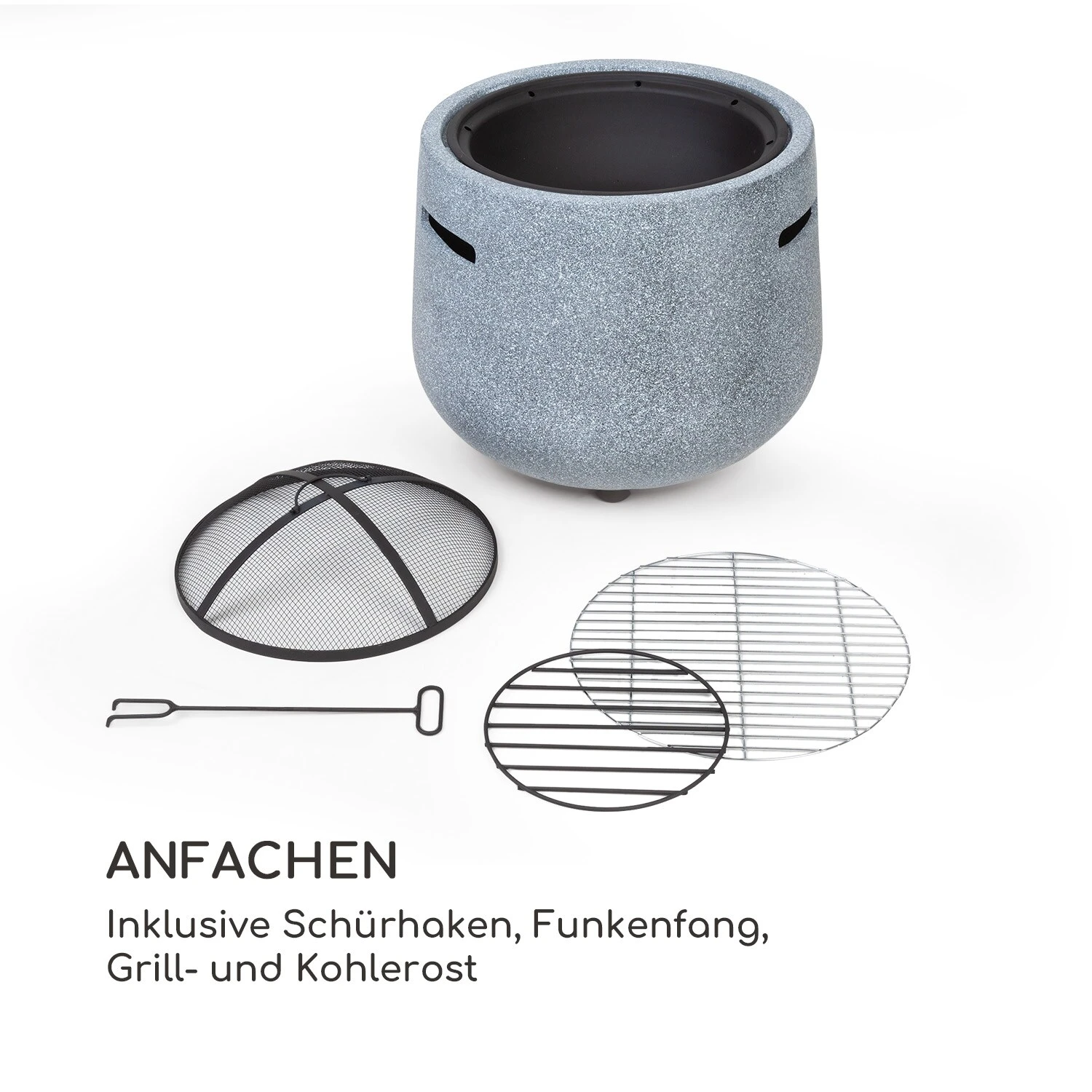 Evora Feuerschale Ø45cm Holzfeuer Grillrost Kunststein Stahl Schwarz / Steinoptik 3 Evora Feuerschale Ø45cm Holzfeuer Grillrost Kunststein Stahl Schwarz / Steinoptik – Bild 3