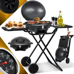 KESSER® Elektrischer Elektrogrill 2in1 Tischgrill - Standgrill Mit Deckel Und Standfuß | Max. 2400 Watt | Faltbar | Thermometer | Antihaftbeschichtung | Grillplatte Abstelltische | 2 Räder |
