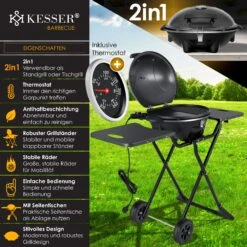 KESSER® Elektrischer Elektrogrill 2in1 Tischgrill - Standgrill Mit Deckel Und Standfuß | Max. 2400 Watt | Faltbar | Thermometer | Antihaftbeschichtung | Grillplatte Abstelltische | 2 Räder | -Entspannender Garten 8600364700 20109 prod 003