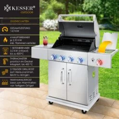 KESSER® Gasgrill Master BBQ Mit 800°C Infrarot & Grill-Thermometer, LED-Beleuchtung , Keramik 4+1 Brenner Aus Edelstahl XXL Grillwagen Grill, Seitenkocher, 5-11 KG Gasflasche Piezozündung -Entspannender Garten 8600364700 22232 prod 003