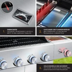 KESSER® Gasgrill Master BBQ Mit 800°C Infrarot & Grill-Thermometer, LED-Beleuchtung , Keramik 4+1 Brenner Aus Edelstahl XXL Grillwagen Grill, Seitenkocher, 5-11 KG Gasflasche Piezozündung -Entspannender Garten 8600364700 22232 prod 005