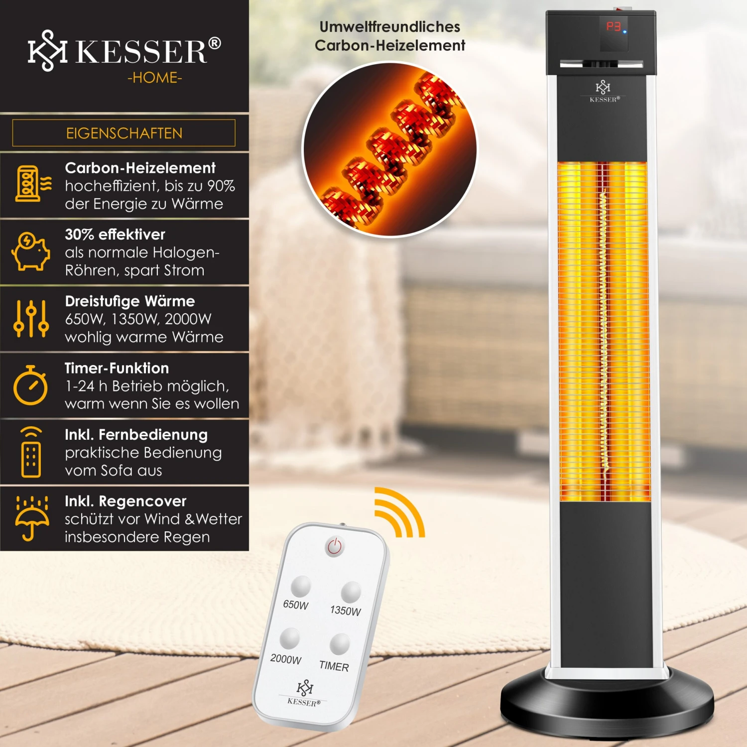 KESSER® Standheizstrahler Infrarot Stand Heizstrahler Inkl. Schutzhülle Wärmestrahler Terrasse Infrarotstrahler Turmheizstrahler 3 Heizstufen 2000 Watt Terrassenstrahler Mit Fernbedienung Timer 2 KESSER® Standheizstrahler Infrarot Stand Heizstrahler Inkl. Schutzhülle Wärmestrahler Terrasse Infrarotstrahler Turmheizstrahler 3 Heizstufen 2000 Watt Terrassenstrahler Mit Fernbedienung Timer – Bild 2