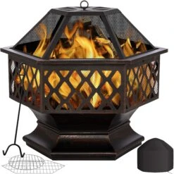KESSER® Feuerschale Mit Grillrost Ø 62, Multifunktional Fire Pit Für Heizung/BBQ Grill, Schürhaken & Kohlerost, Garten Terrasse Feuerschale, Metall Feuerstelle Mit Schutzhülle Funkenschutz