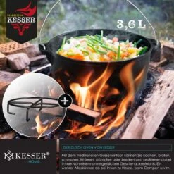 KESSER® Dutch Oven Set In Holzkiste Mit Dutch Oven Mit Viel Zubehör - Gusseisen - Bereits Eingebrannt Mit Kochtopf Grillplatte Pfanne Deckelheber Inkl. Rezeptbuch Handschuhe -Entspannender Garten 8600364700 23325 prod 003