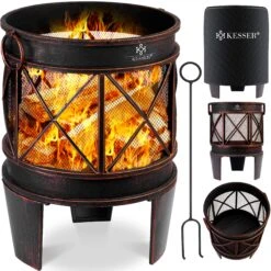 KESSER® Feuerschale Inkl. Abdeckung Feuerkorb Mit Funkenschutz & Griffen + Schürhaken Feuerstelle 58 X 45 Cm Für Garten & Terrasse Metall Antik-Rost-Optik Multifunktional Fire Pit Heizung BBQ