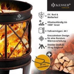 KESSER® Feuerschale Inkl. Abdeckung Feuerkorb Mit Funkenschutz & Griffen + Schürhaken Feuerstelle 58 X 45 Cm Für Garten & Terrasse Metall Antik-Rost-Optik Multifunktional Fire Pit Heizung BBQ -Entspannender Garten 8600364700 23328 prod 006