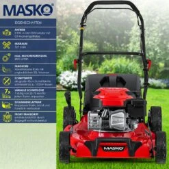 MASKO® Benzin Rasenmäher 5in1 Radantrieb EasyClean Reinigungsfunktion Mulchfunktion Seitenauswurf Hohe Schnittbreite 8-fache Schnitthöhenverstellung | 4 Takt Motor | Inkl. Fangkorb -Entspannender Garten 8600364700 23488 prod 002