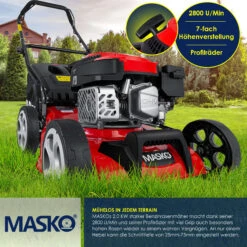 MASKO® Benzin Rasenmäher 5in1 Radantrieb EasyClean Reinigungsfunktion Mulchfunktion Seitenauswurf Hohe Schnittbreite 8-fache Schnitthöhenverstellung | 4 Takt Motor | Inkl. Fangkorb -Entspannender Garten 8600364700 23488 prod 004