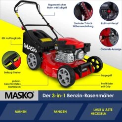 MASKO® Benzin Rasenmäher 5in1 Radantrieb EasyClean Reinigungsfunktion Mulchfunktion Seitenauswurf Hohe Schnittbreite 8-fache Schnitthöhenverstellung | 4 Takt Motor | Inkl. Fangkorb -Entspannender Garten 8600364700 23488 prod 005