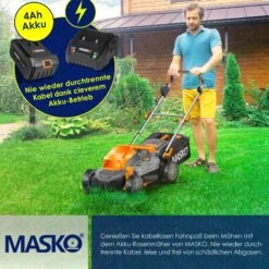 MASKO® Akku Rasenmäher ECO-X10 Inkl. 2X Akkus Li-Ion Batterie 4 Ah & Doppel-Ladegerät – Rasentrimmer Schnittbreite, 25-75mm Schnitthöhenverstellung -Entspannender Garten 8600364700 23491 prod 006