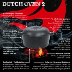KESSER® Dutch Oven 2in1 Gusseisen Topf 4,8L Und Pfanne 1,8L Einsatzfertig Eingebrannt Inkl. Kochbuch Schmortopf Doppelfunktion Deckel/Bratpfanne Für Küche Camping Garten BBQ Backen Gasgrill -Entspannender Garten 8600364700 23534 prod 003