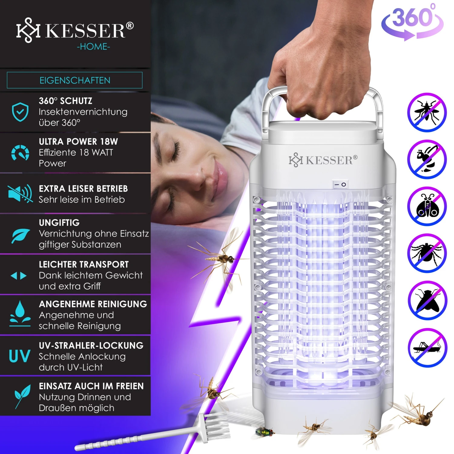 KESSER® Elektrischer Insektenvernichter 18W Insektenfalle Elektrisch 360° Mit UV-Lampe Mückenlampe Fliegenfänger Fliegenfalle Inkl. Insektenfeger Insektenkiller Für Innenräume & Außen Garten Terrasse 2 KESSER® Elektrischer Insektenvernichter 18W Insektenfalle Elektrisch 360° Mit UV-Lampe Mückenlampe Fliegenfänger Fliegenfalle Inkl. Insektenfeger Insektenkiller Für Innenräume & Außen Garten Terrasse – Bild 2