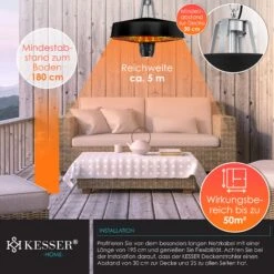 KESSER® Deckenheizstrahler Heizpilz Infrarot-Heizstrahler 2500W Terrassenstrahler Mit Fernbedienung Quarzstrahler | LED Licht | Decke | Infrarotstrahler | Mit Kette + Karabinerhaken Carbon-Heizelement -Entspannender Garten 8600364700 24074 prod 006