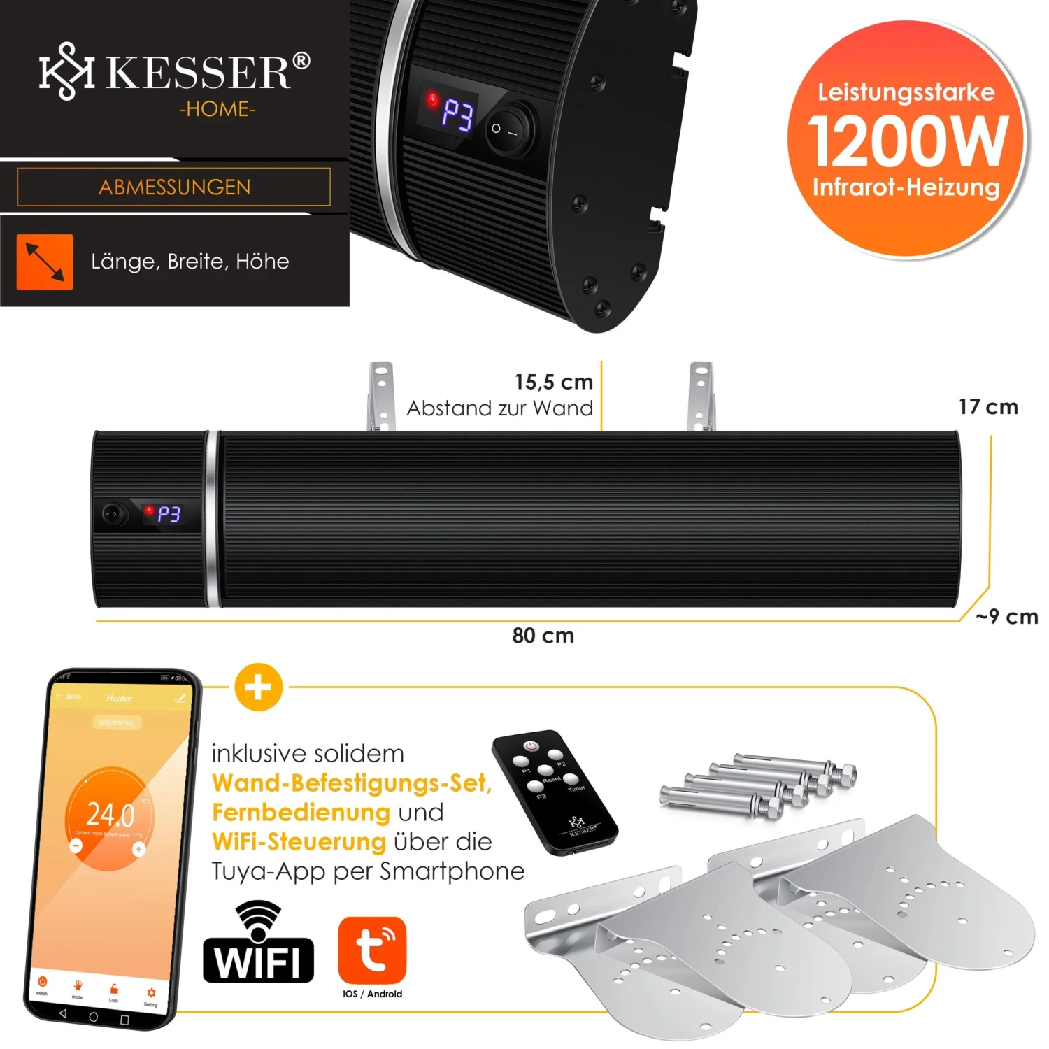 KESSER® Dunkelheizstrahler Heizstrahler Mit Fernbedienung & WiFi APP Terrassenheizer Infrarot-Heizstrahler Wand-Heizstrahler Schwarzstrahler Quarzstrahler Terrassenstrahler Balkonheizer Timer 5 KESSER® Dunkelheizstrahler Heizstrahler Mit Fernbedienung & WiFi APP Terrassenheizer Infrarot-Heizstrahler Wand-Heizstrahler Schwarzstrahler Quarzstrahler Terrassenstrahler Balkonheizer Timer – Bild 5